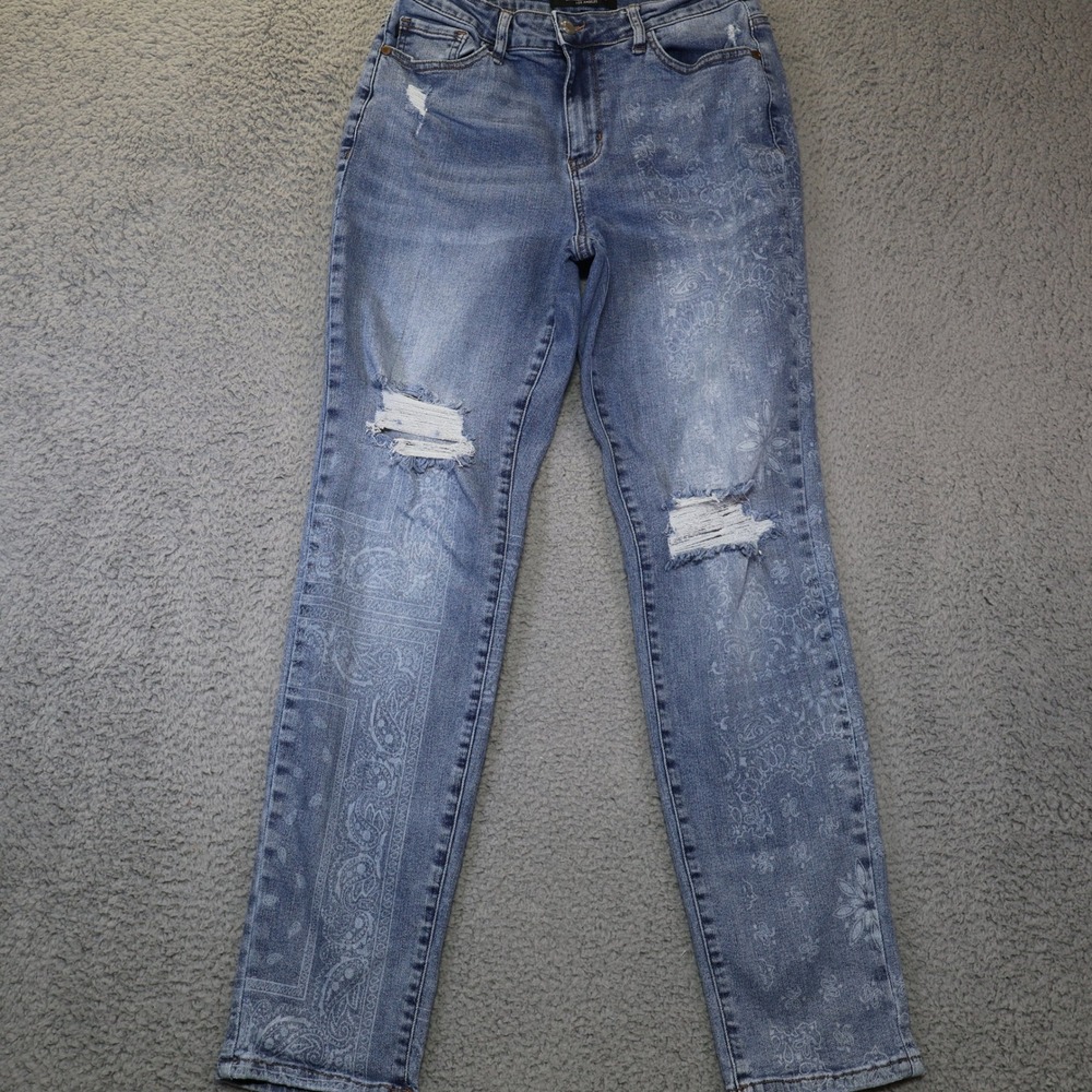 Judy Blue Paisley Bandana Print Boyfriend Jeans Distressed Blue Sz 7/28 JB88559